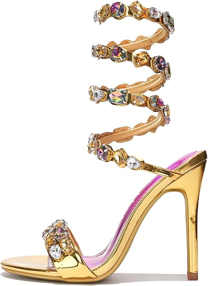 Women’s 4 Inch Gem-Trimmed Metallic Ankle Wrap Stiletto Heels