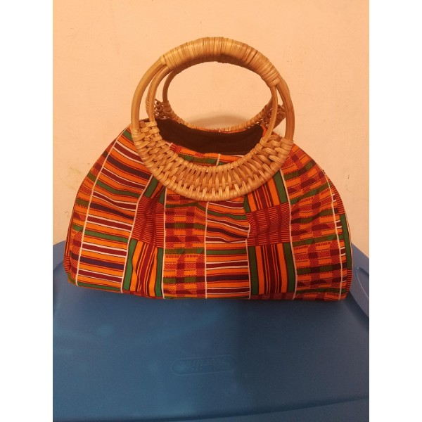 African Kente Printed Bag Purse Wax Cotton Traditional  Wicker Handle Bags Hand-Crafted Tote Purse Kent Women Bag