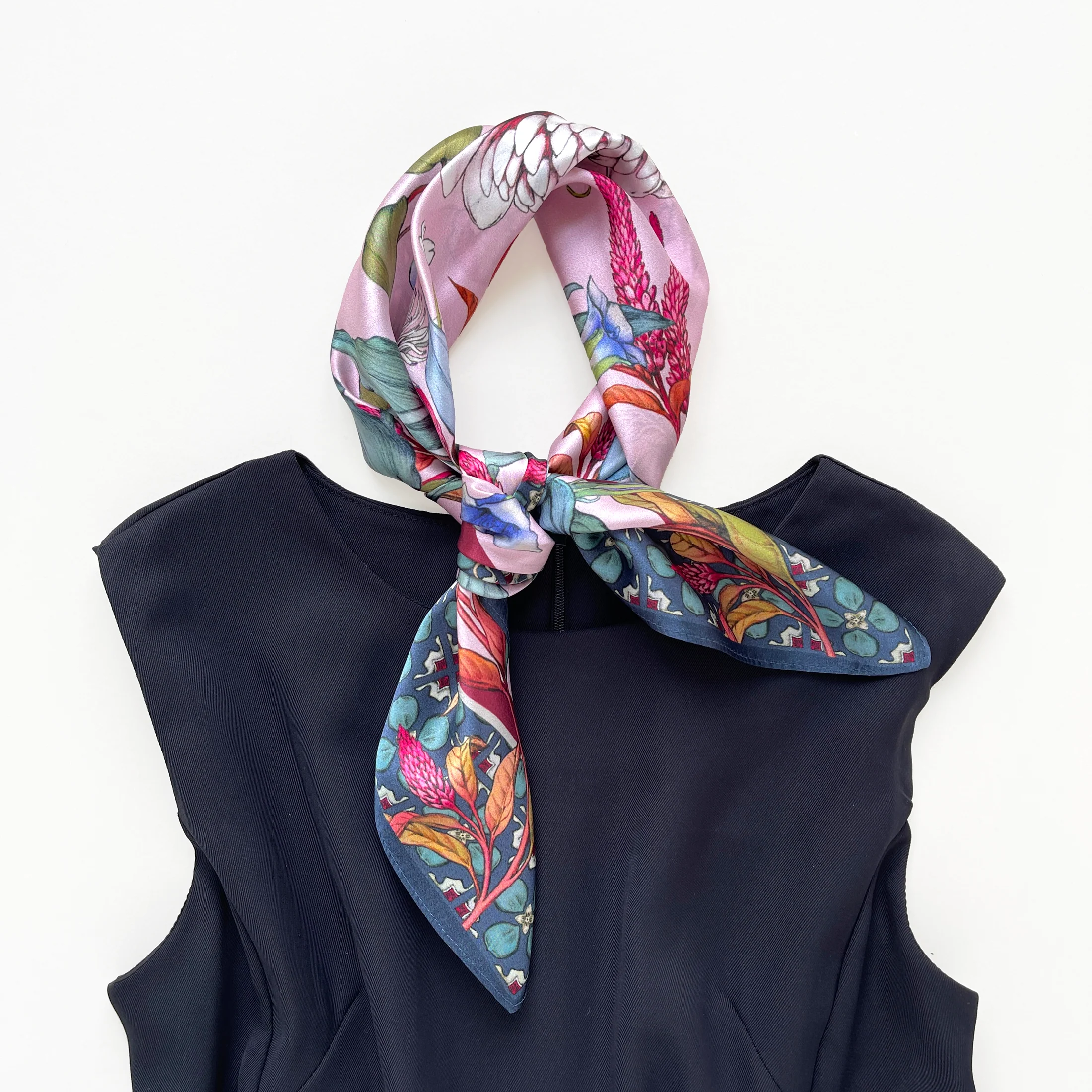 Pink Botanical Bliss Silk Square Scarf - 65cm Women's Bandana Scarf
