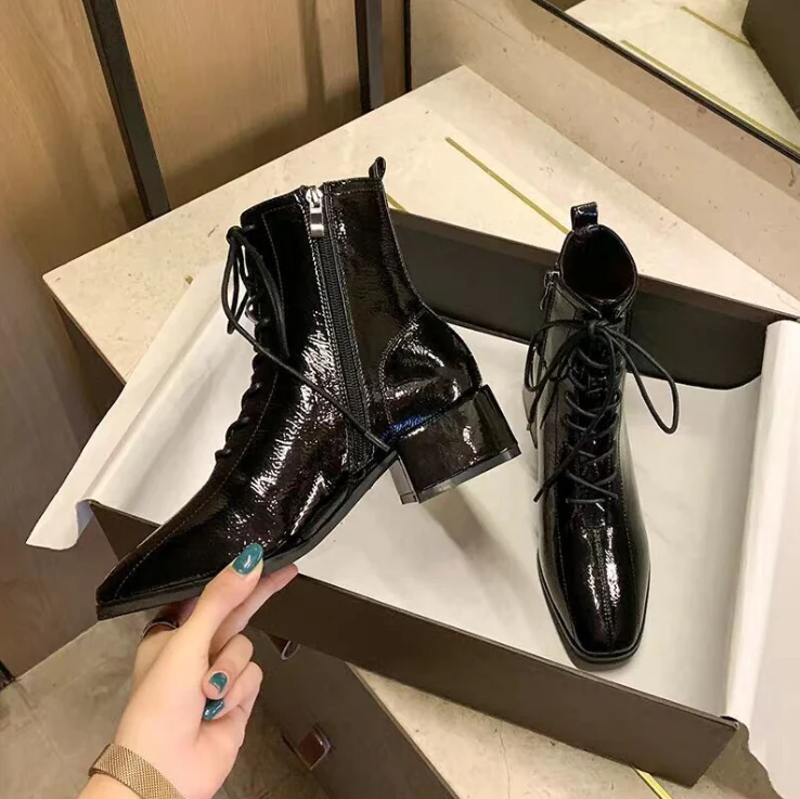 Small Size Lace Up Patent Short Boots