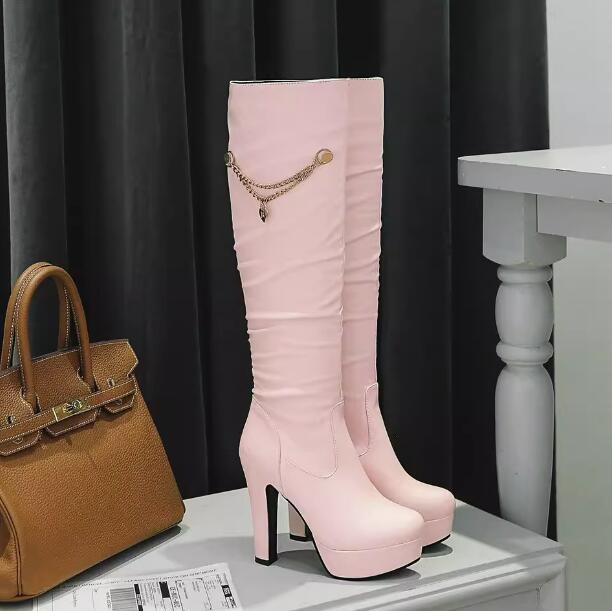 Small Size Chunky High Heel Knee High Boots