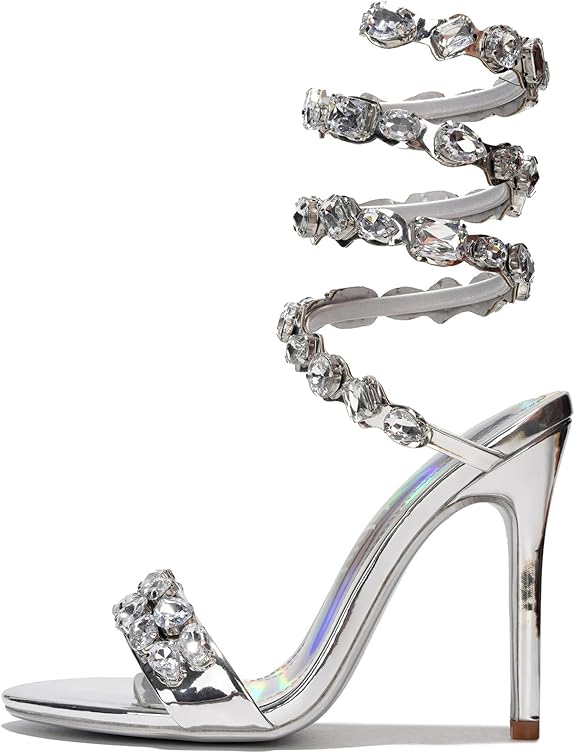 Women’s Open Toe Metallic Stiletto Sandals with Gem Trim Ankle Wrap