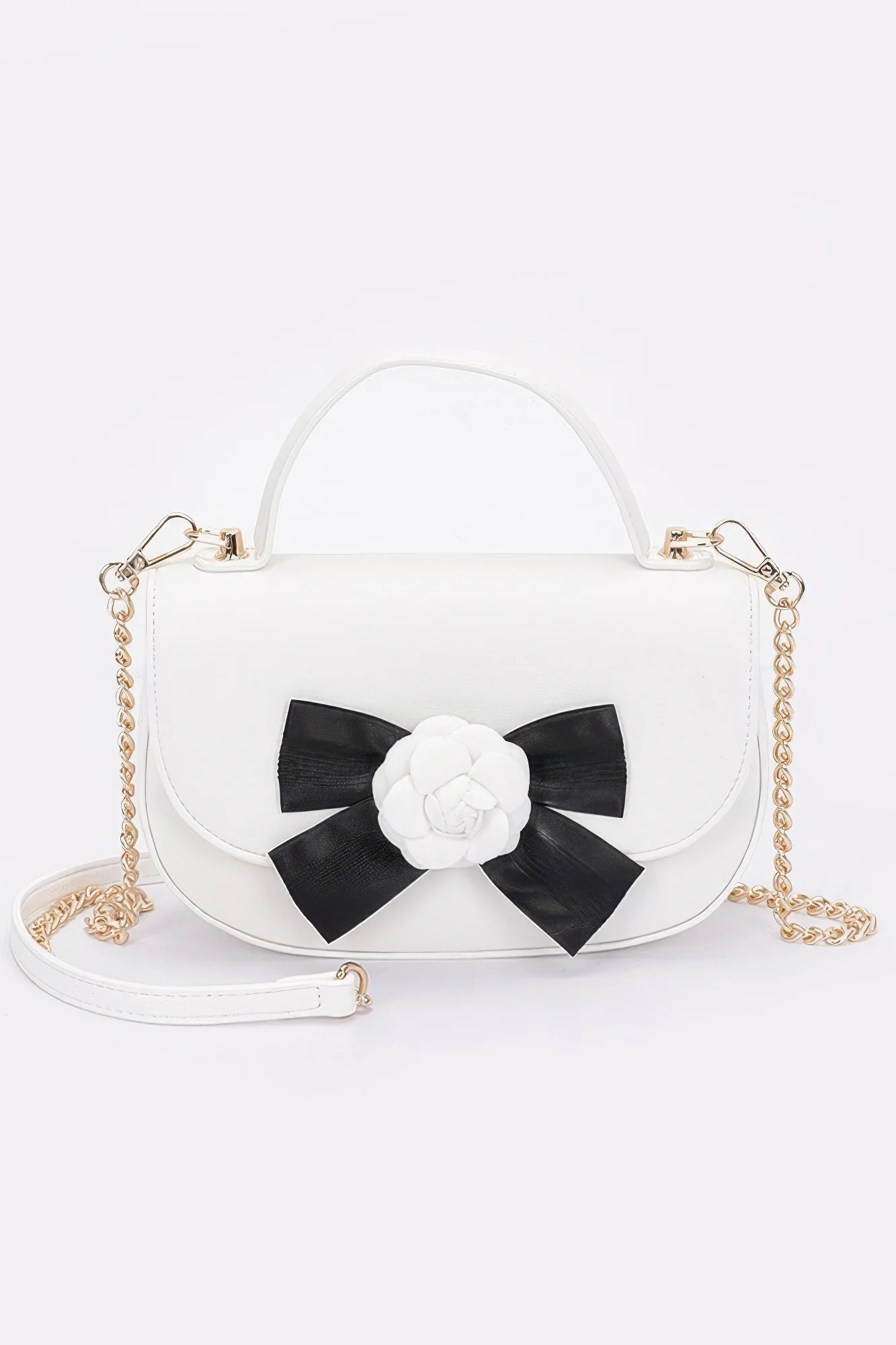Faux Leather Flower Ribbon Top Handle Flap Bag