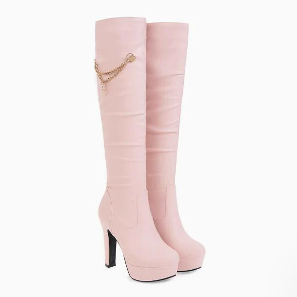 Small Size Chunky High Heel Knee High Boots