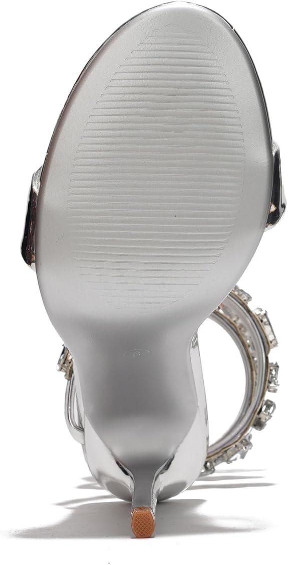 Women’s Open Toe Metallic Stiletto Sandals with Gem Trim Ankle Wrap