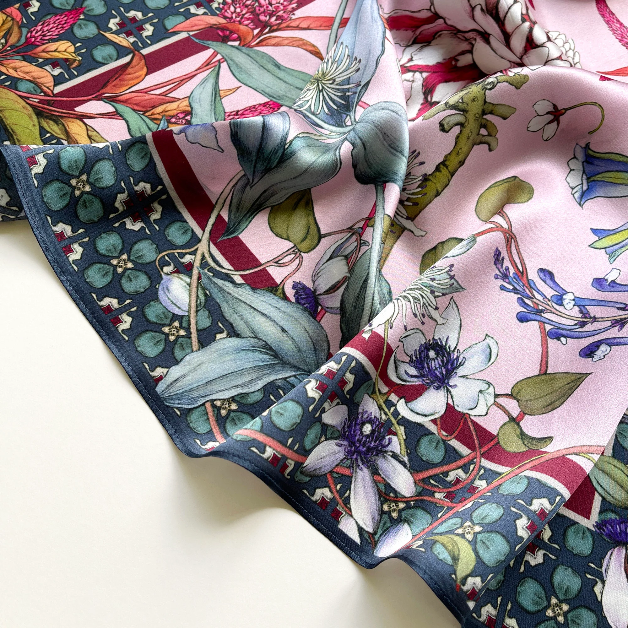 Pink Botanical Bliss Silk Square Scarf - 65cm Women's Bandana Scarf