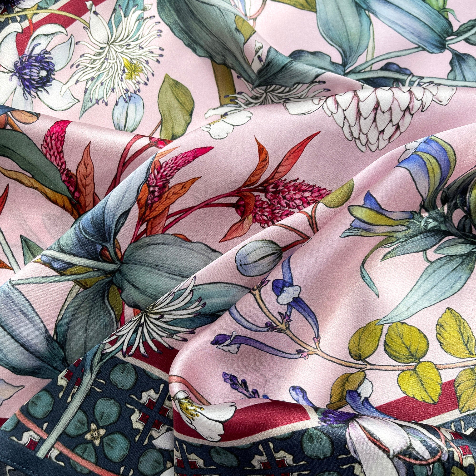 Pink Botanical Bliss Silk Square Scarf - 65cm Women's Bandana Scarf