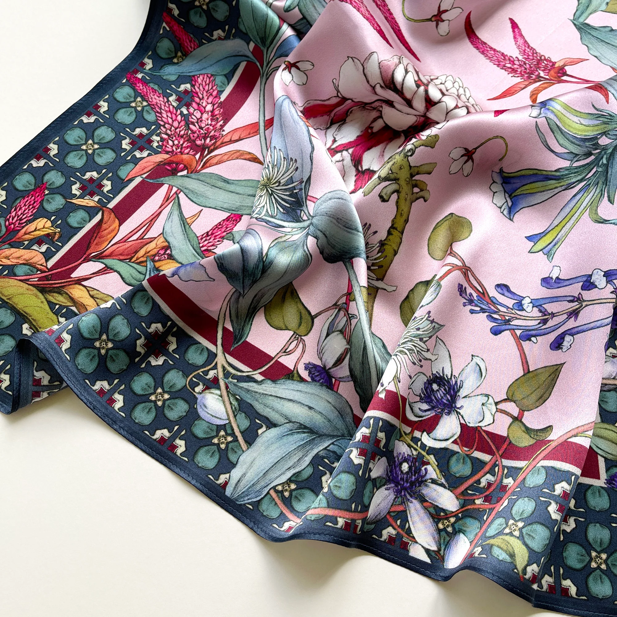 Pink Botanical Bliss Silk Square Scarf - 65cm Women's Bandana Scarf