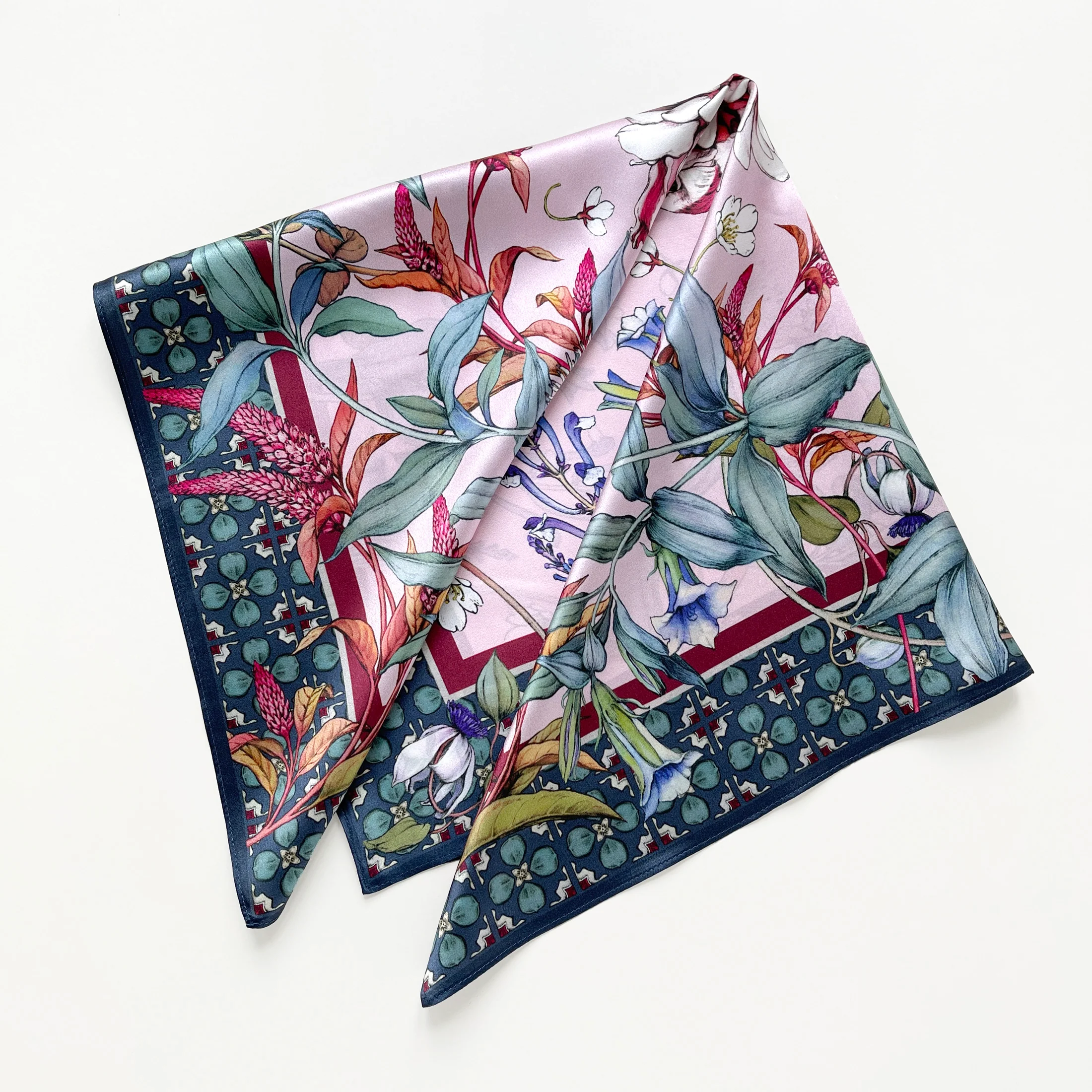 Pink Botanical Bliss Silk Square Scarf - 65cm Women's Bandana Scarf