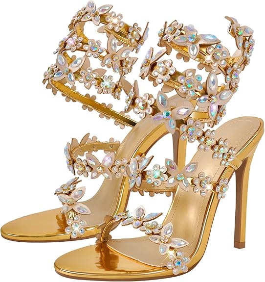 Women’s Sparkly Diamante High Heel Spiral Strap Sandals