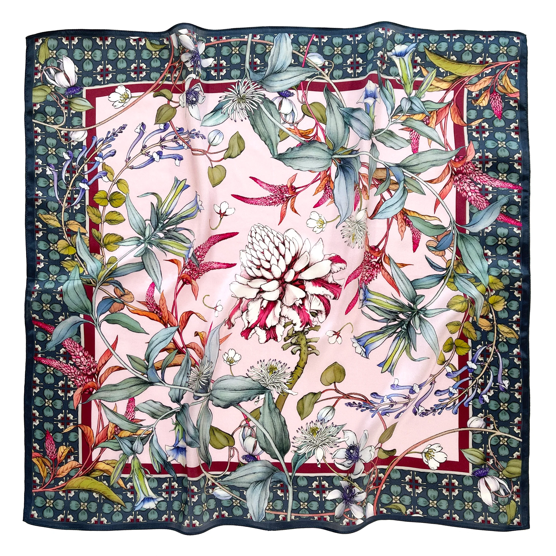 Pink Botanical Bliss Silk Square Scarf - 65cm Women's Bandana Scarf