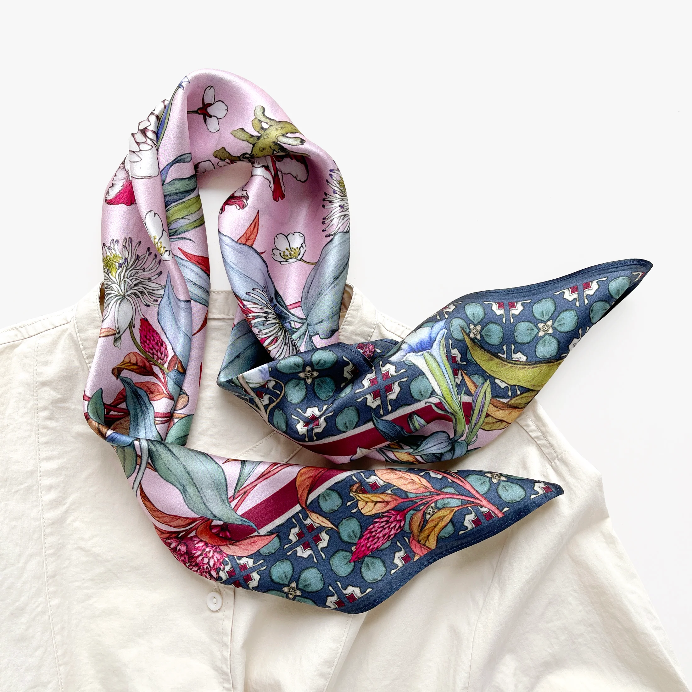 Pink Botanical Bliss Silk Square Scarf - 65cm Women's Bandana Scarf