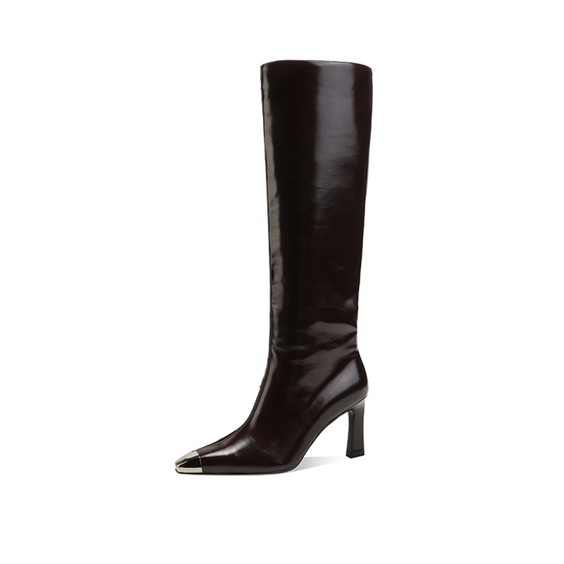 Elegant Patent Faux Leather Knee-High Boots Sexy Glossy Metal Toe Pointed High Heel Elegant and Stylish