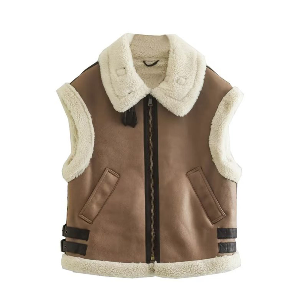 2022 New Fashion Fleece Splicing Tank Tops Vintage Sleeveless Turn-Down Collar Side Pocket Female Waistcoat Chic Tops