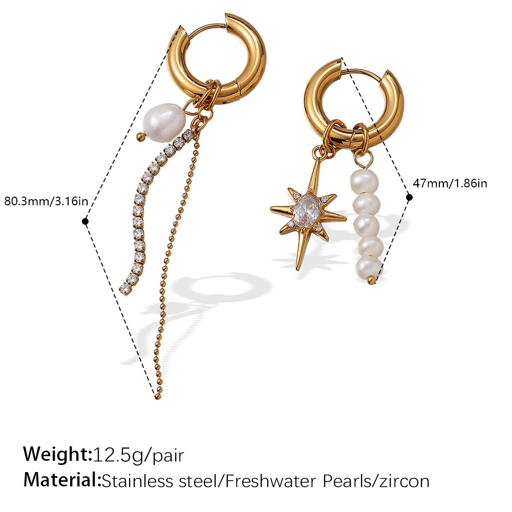 18k Gold Plated Stainless Steel Asymmetric Freshwater Pearl Earrings for Women Anniversary Wedding Dangle Earring Jewelry