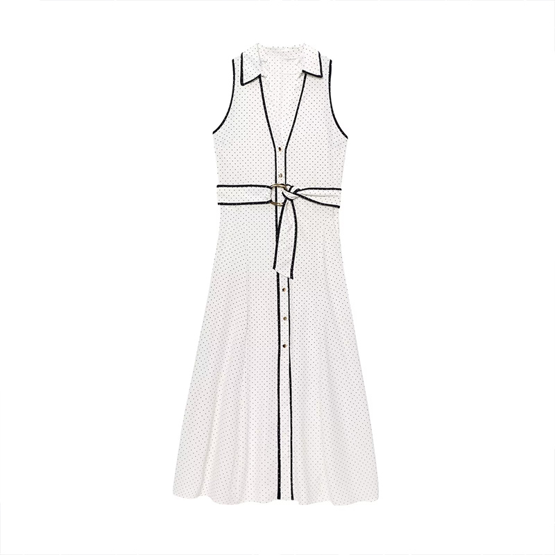 Autumn Women's Clothing 2025 New Fashion Polka Dot Shirt Dress Retro Belt Sleeveless Casual Female Midi Dress