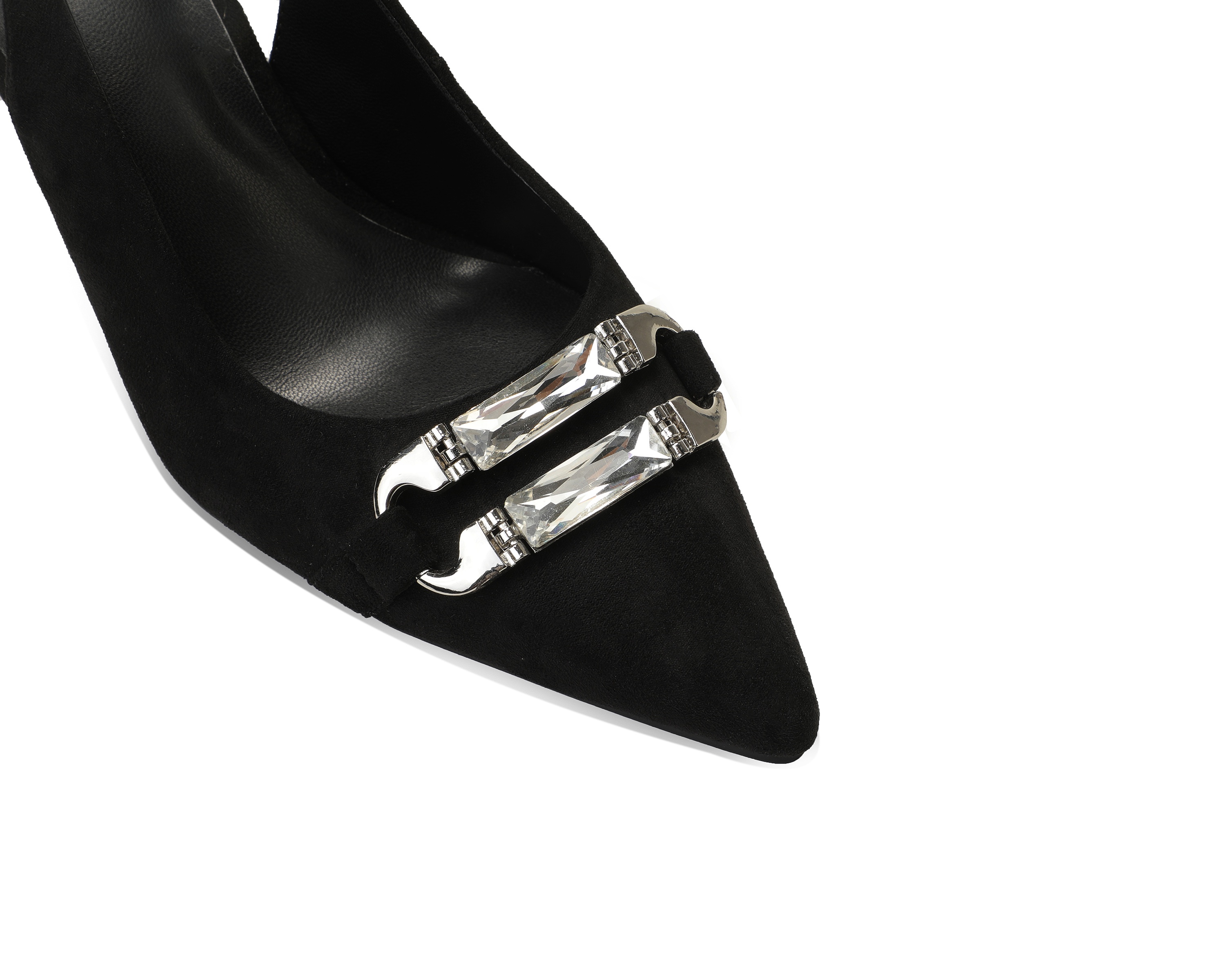 Elegant Classic Black Suede Slingback High Heels with Crystal Buckle Pointed Toe Stiletto