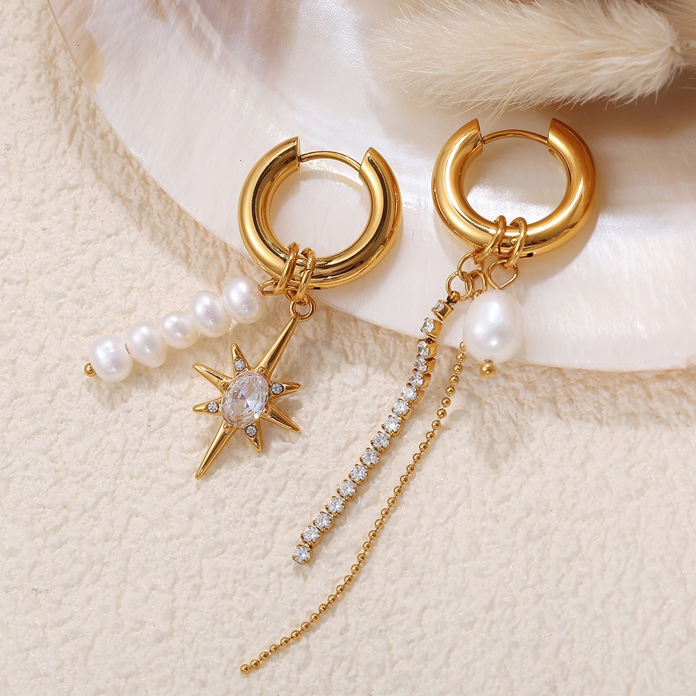 18k Gold Plated Stainless Steel Asymmetric Freshwater Pearl Earrings for Women Anniversary Wedding Dangle Earring Jewelry