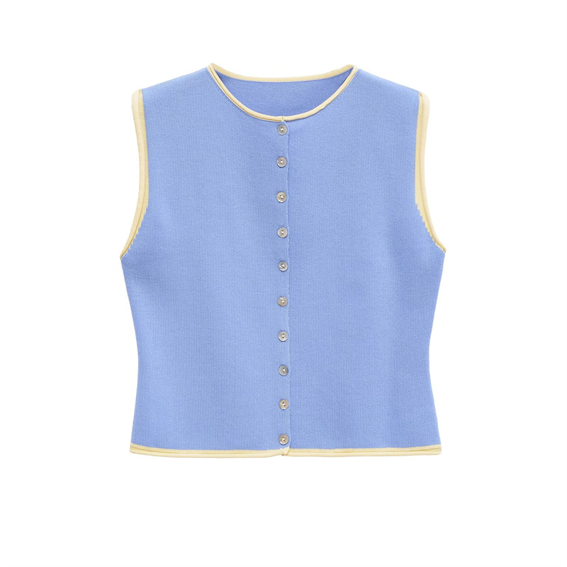 Autumn Women's Clothing 2025 New Fashion Stitching Knitted Vest Vest Retro Round Neck Sleeveless Casual Cardigan Vest