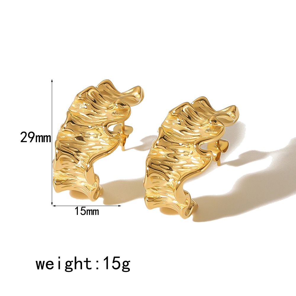 2024 Trendy Women Jewelry 18K Gold Plated Waterproof Stainless Steel Hypoallergenic Fold Textured Cc Stud Earrings