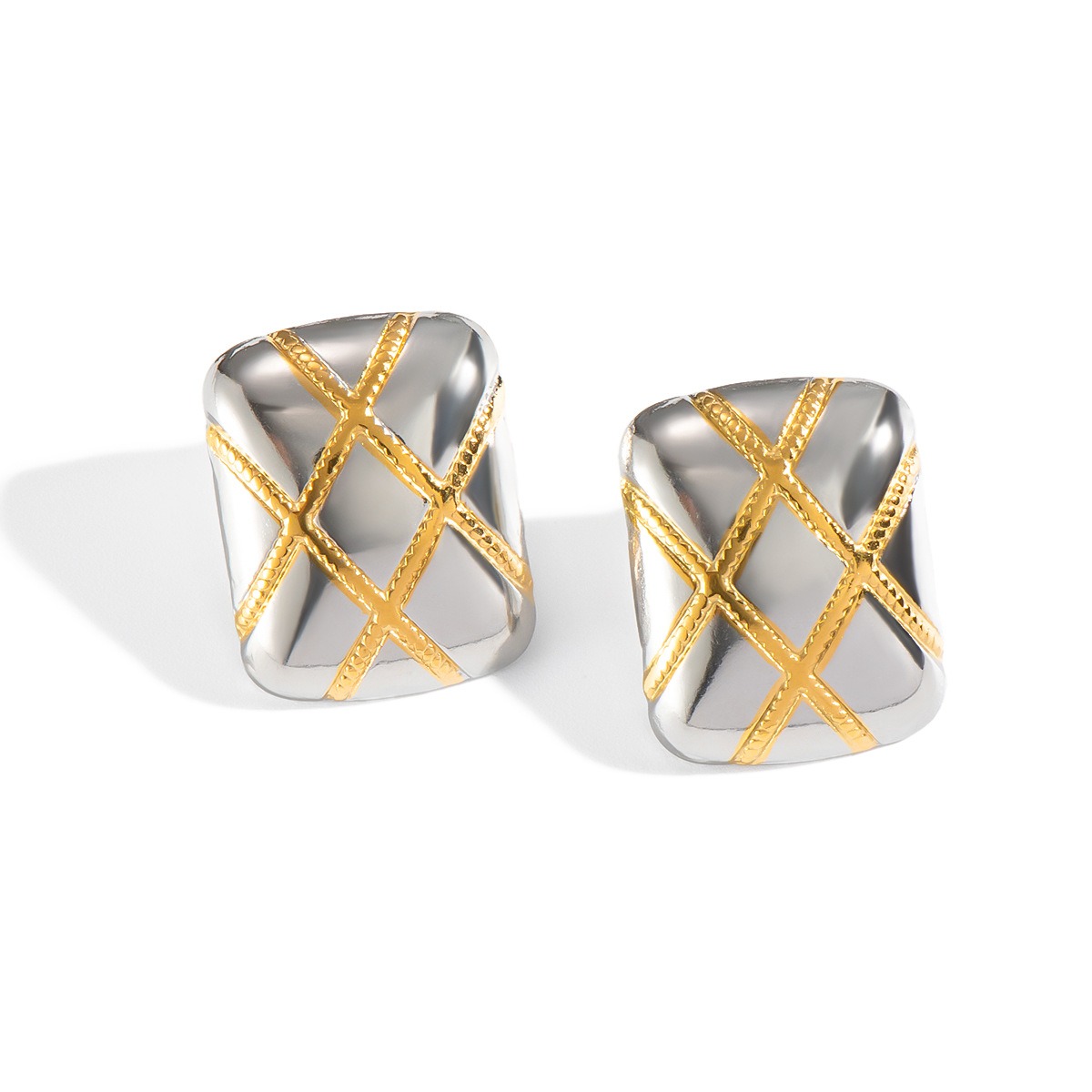 Waterproof 18k Gold Plated Stainless Steel Grid Textured Earrings Women's Geometric Chunky Rectangle Stud Earrings Jewelry