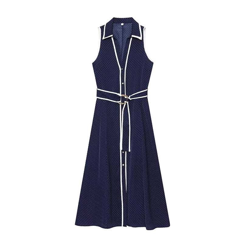 Autumn Women's Clothing 2025 New Fashion Polka Dot Shirt Dress Retro Belt Sleeveless Casual Female Midi Dress
