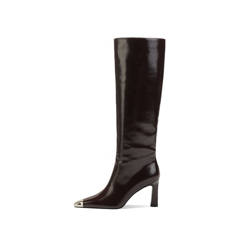 Elegant Patent Faux Leather Knee-High Boots Sexy Glossy Metal Toe Pointed High Heel Elegant and Stylish