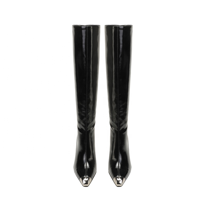 Elegant Patent Faux Leather Knee-High Boots Sexy Glossy Metal Toe Pointed High Heel Elegant and Stylish