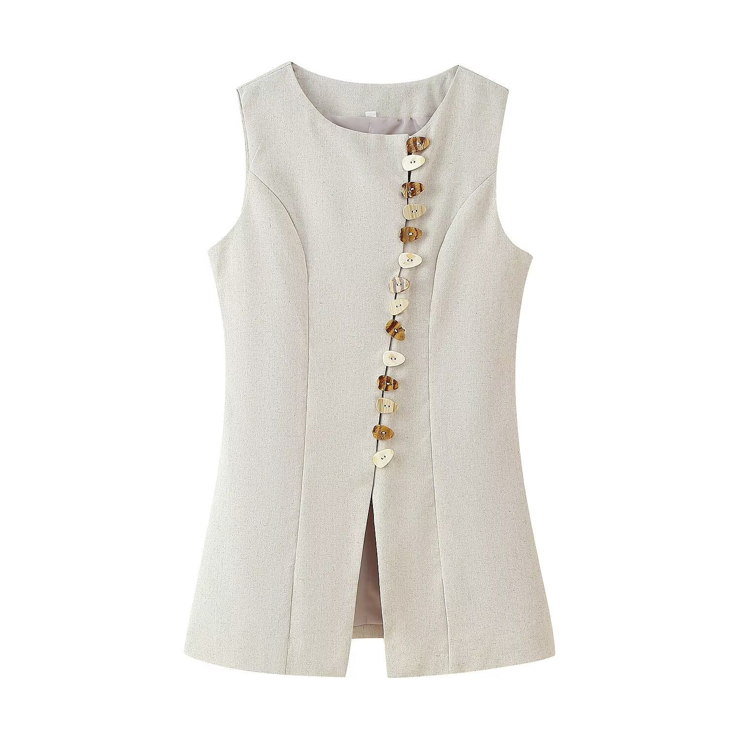 Summer Women's Clothing 2025 New Fashion Multi-breasted Vest Vest Top Retro Round Neck Sleeveless Casual Women's Top