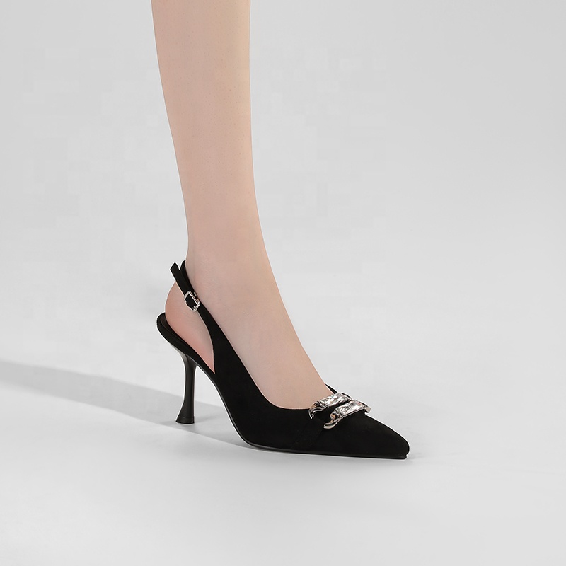 Elegant Classic Black Suede Slingback High Heels with Crystal Buckle Pointed Toe Stiletto