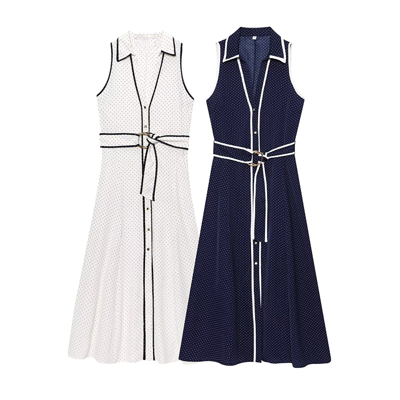 Autumn Women's Clothing 2025 New Fashion Polka Dot Shirt Dress Retro Belt Sleeveless Casual Female Midi Dress