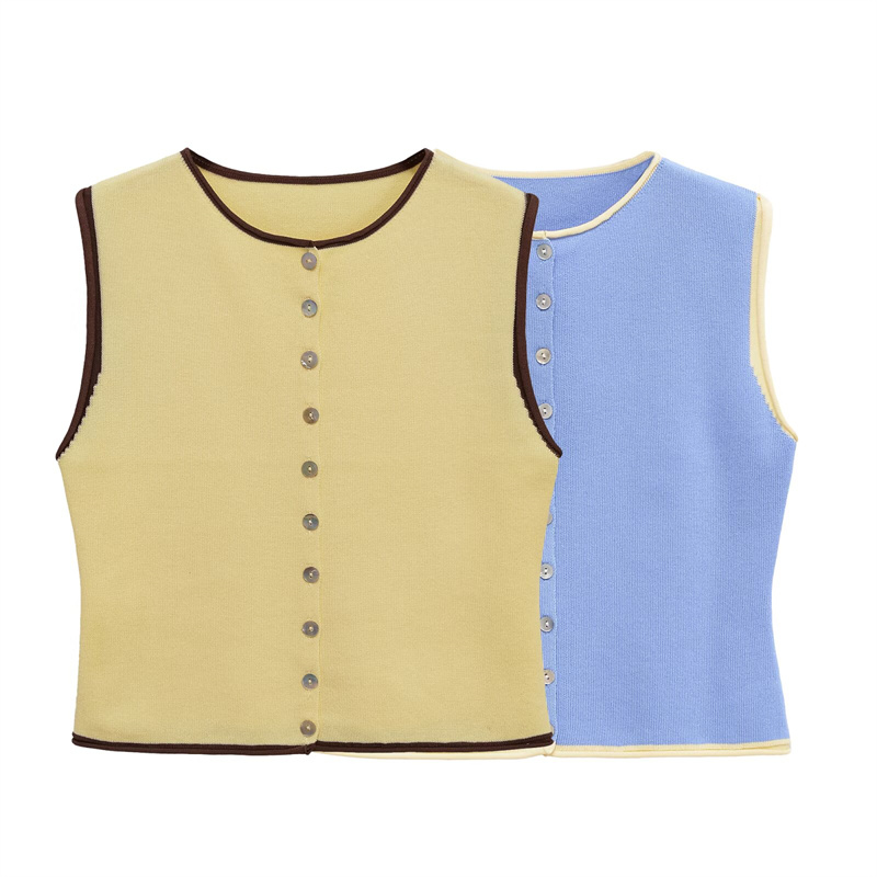 Autumn Women's Clothing 2025 New Fashion Stitching Knitted Vest Vest Retro Round Neck Sleeveless Casual Cardigan Vest