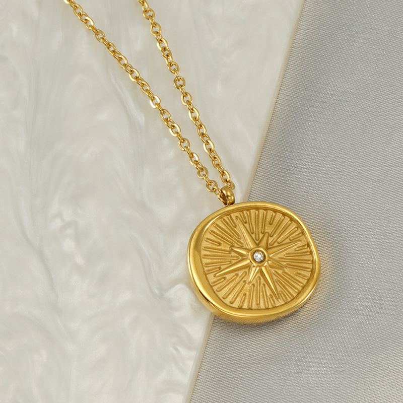 Waterproof Circular Coin Pendant Necklace Euramerican Stainless Steel Zirconia Star Necklaces Jewelry