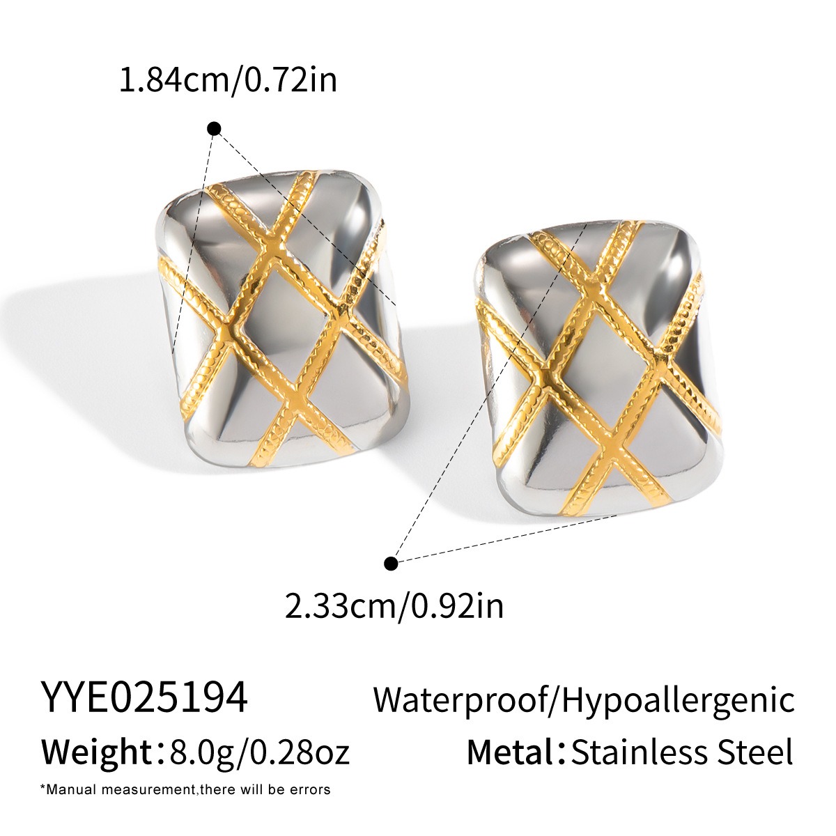 Waterproof 18k Gold Plated Stainless Steel Grid Textured Earrings Women's Geometric Chunky Rectangle Stud Earrings Jewelry