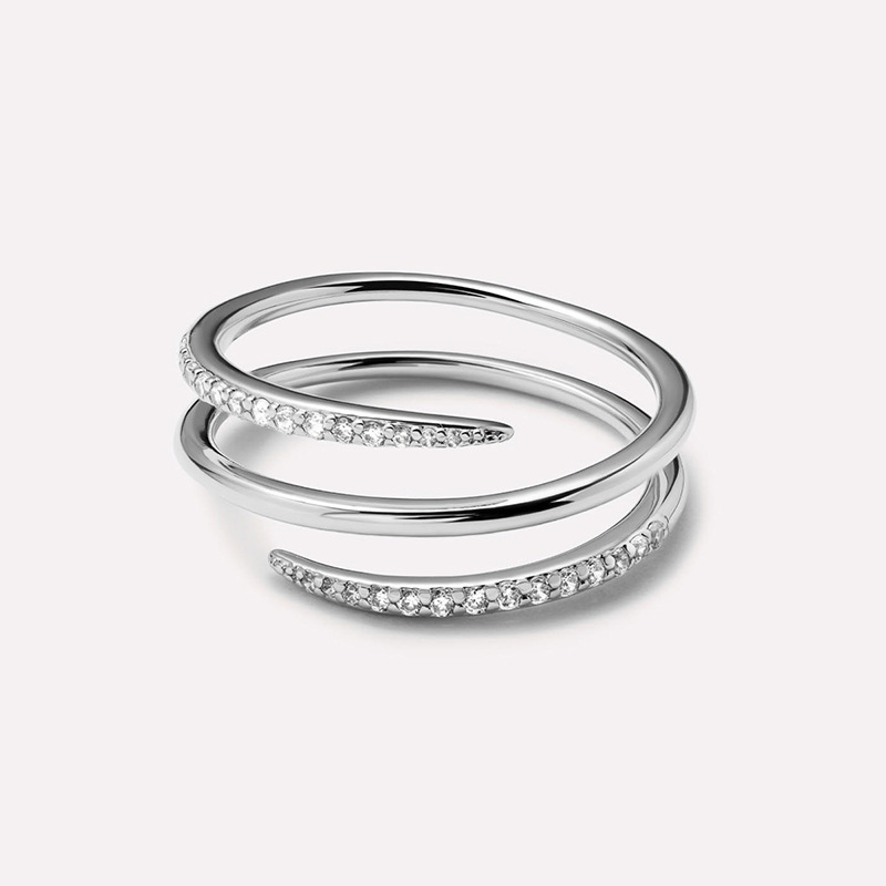 Fashion Three-layer Zircon Unique Adjustable Finger Ring for Women European Spring-shaped 925 Sterling Silver Jewelry
