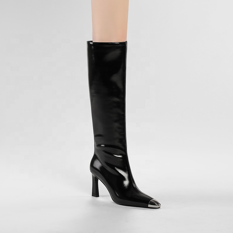 Elegant Patent Faux Leather Knee-High Boots Sexy Glossy Metal Toe Pointed High Heel Elegant and Stylish