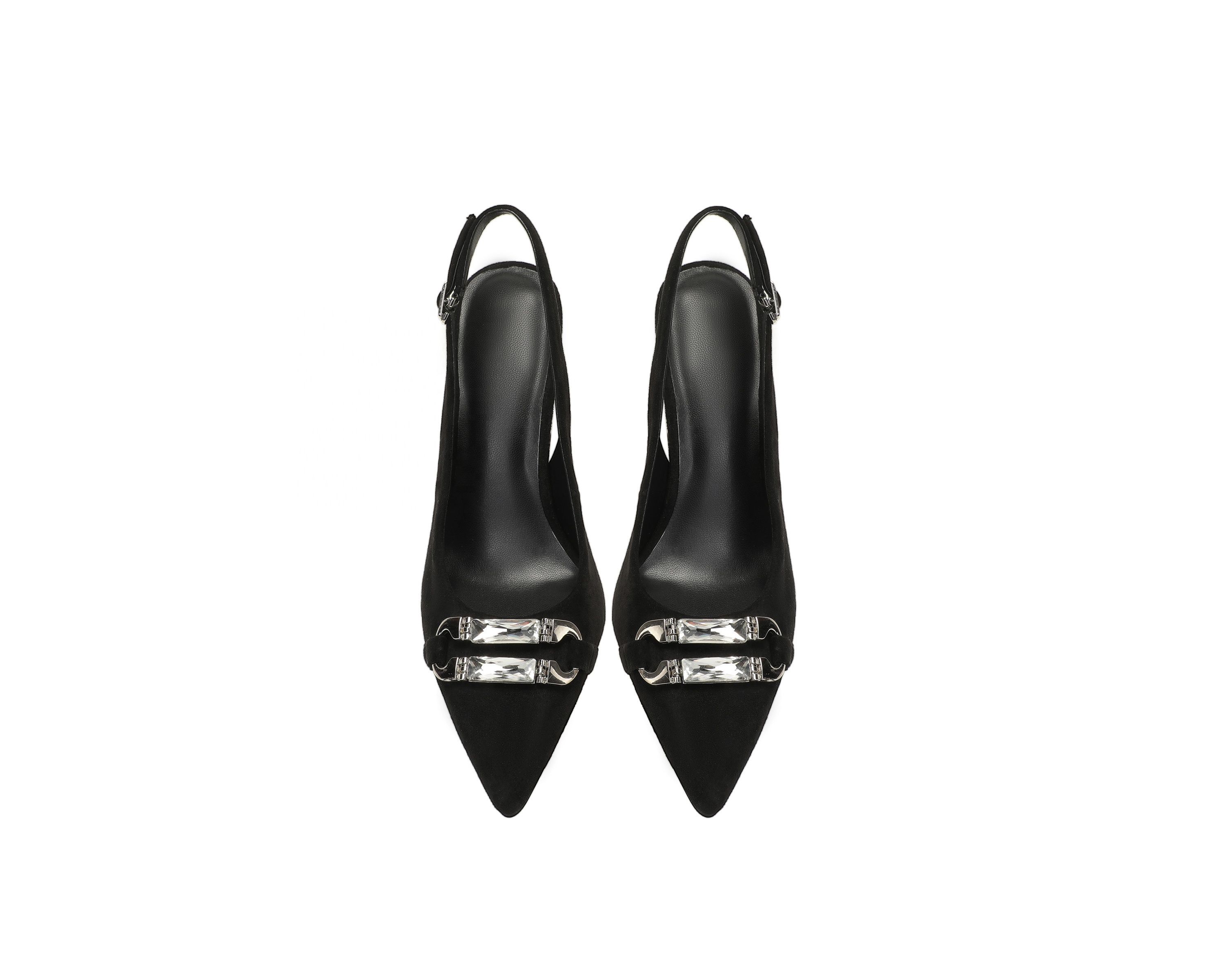 Elegant Classic Black Suede Slingback High Heels with Crystal Buckle Pointed Toe Stiletto