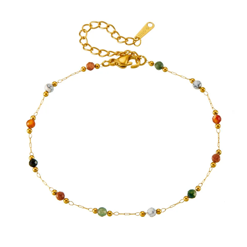 Gold Stainless Steel Natural Colored Beads Bracelet Womens New Style Concise Trend Non-fading Golden Hand Jewelry Gift