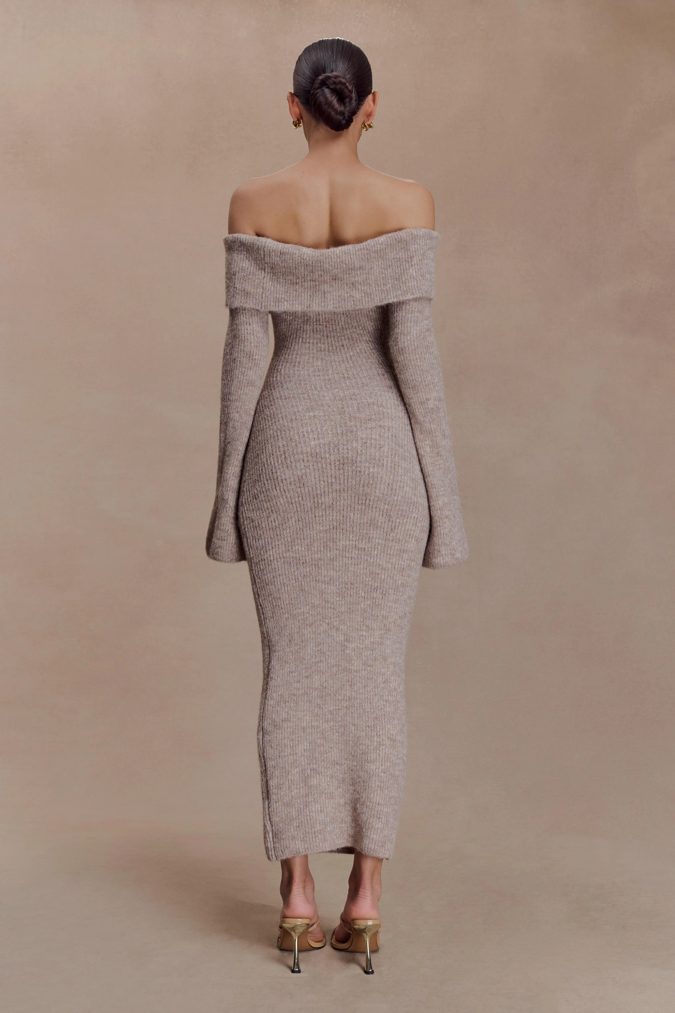 Baxter Off Shoulder Fluffy Knit Midi Dress - Taupe Marle