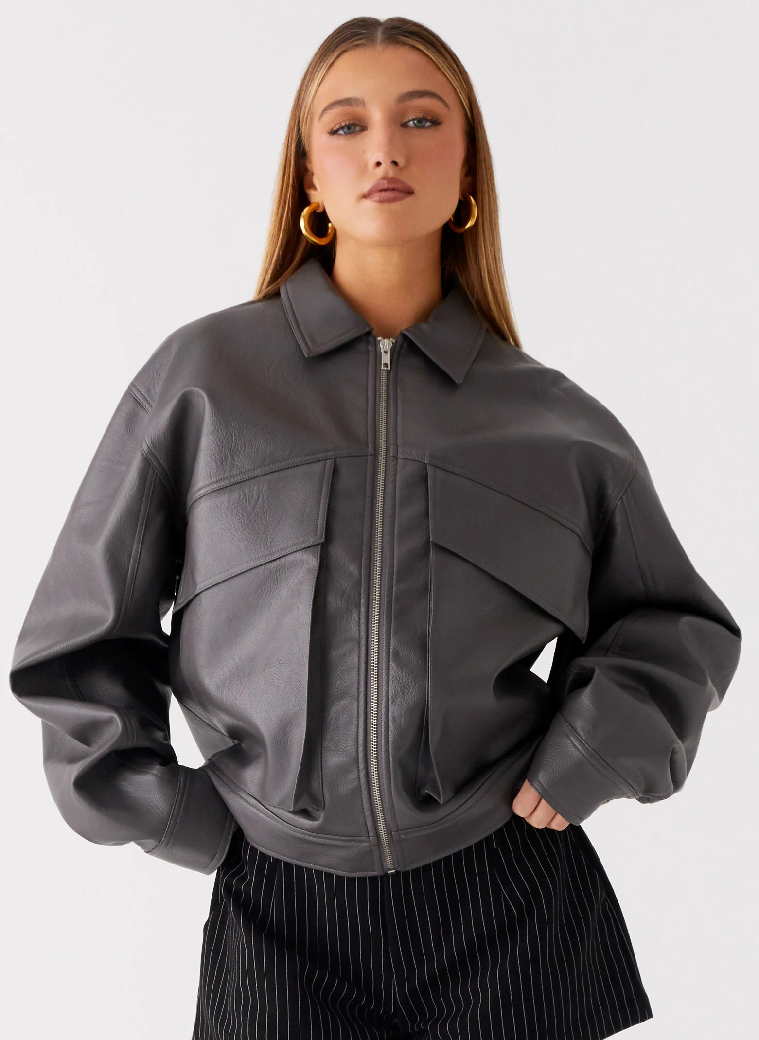 Faux Leather Bomber Jacket - Charcoal