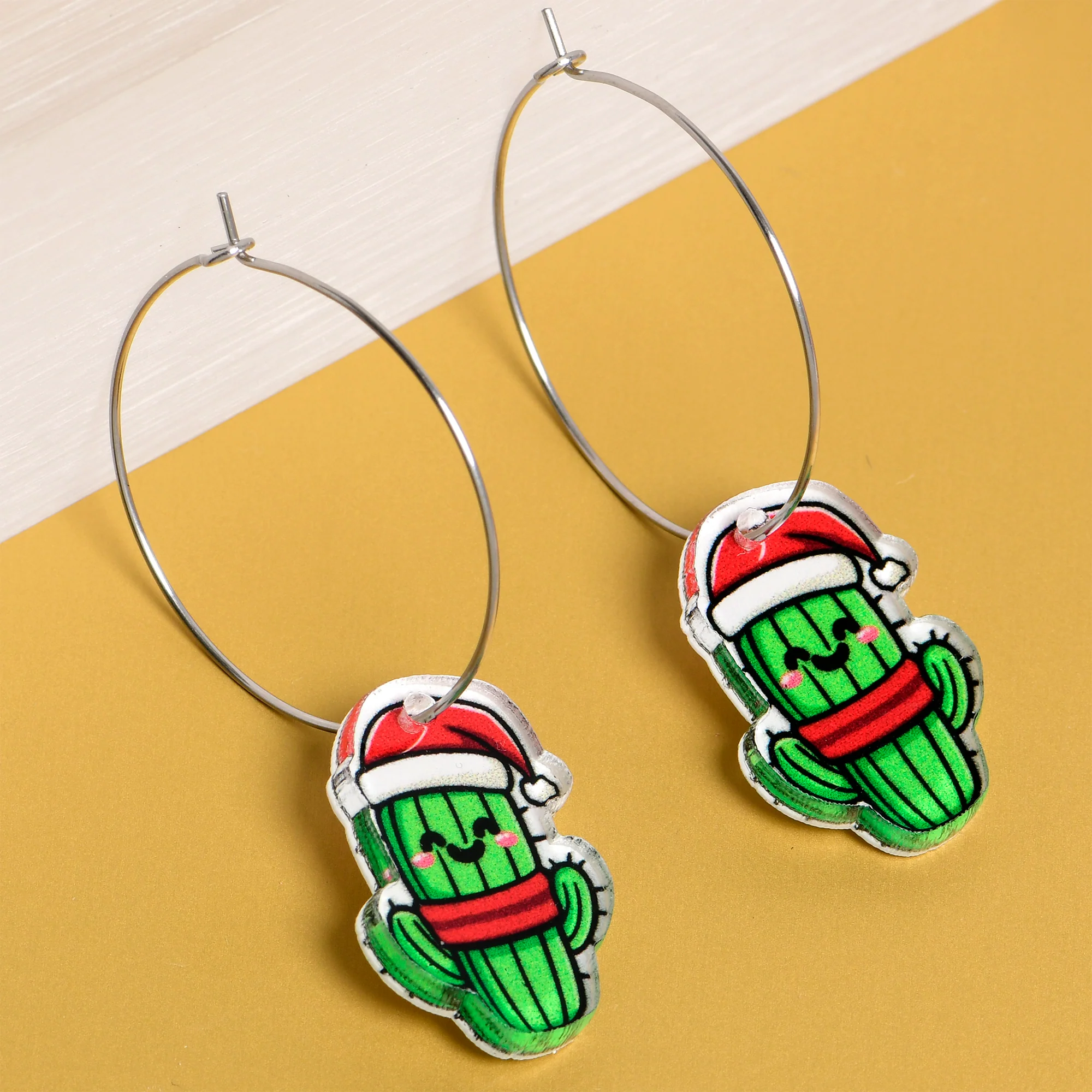 Christmas Cactus Dangle Holiday Hoop Earrings