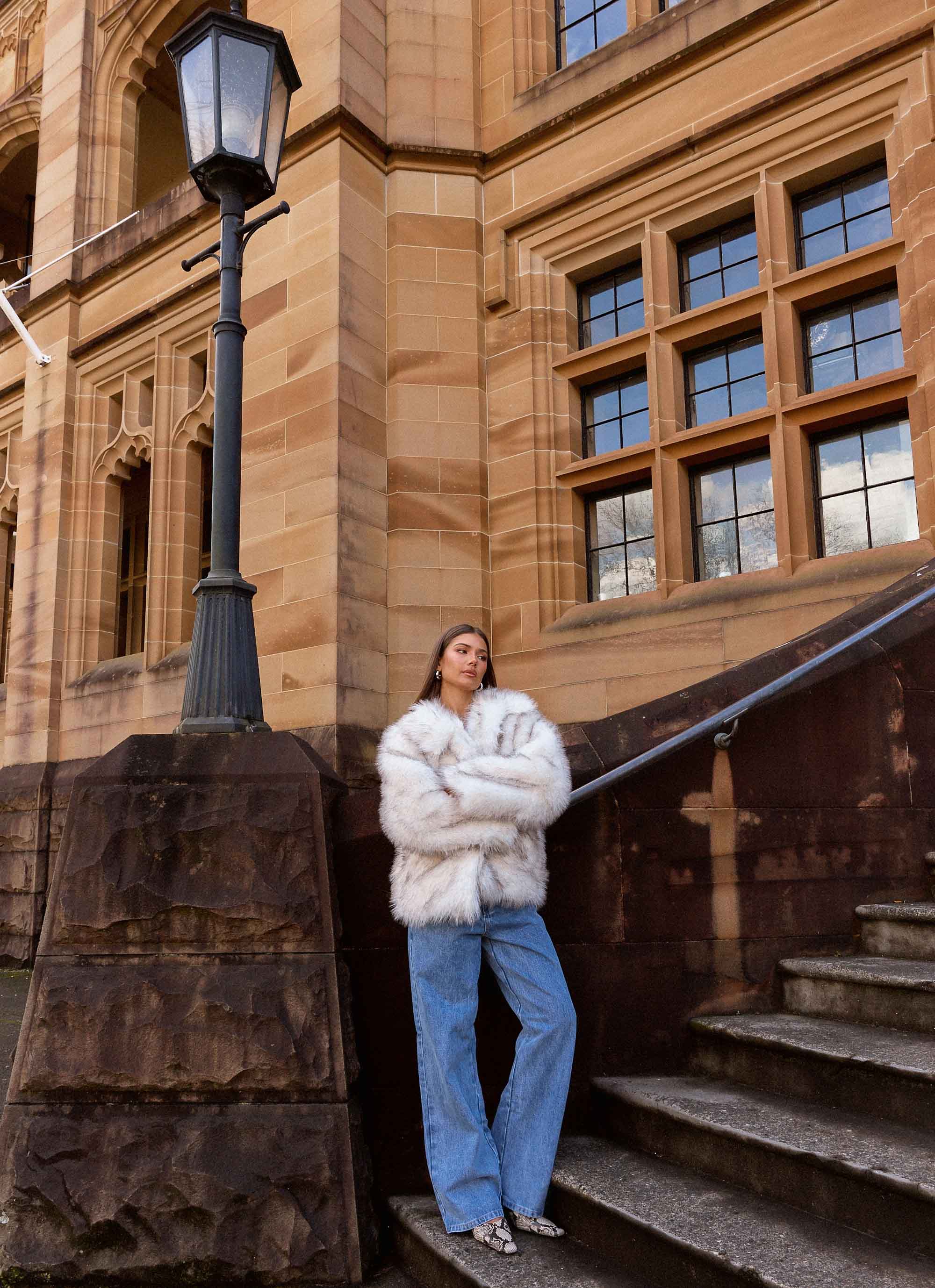 Faux Fur Jacket - White Grey