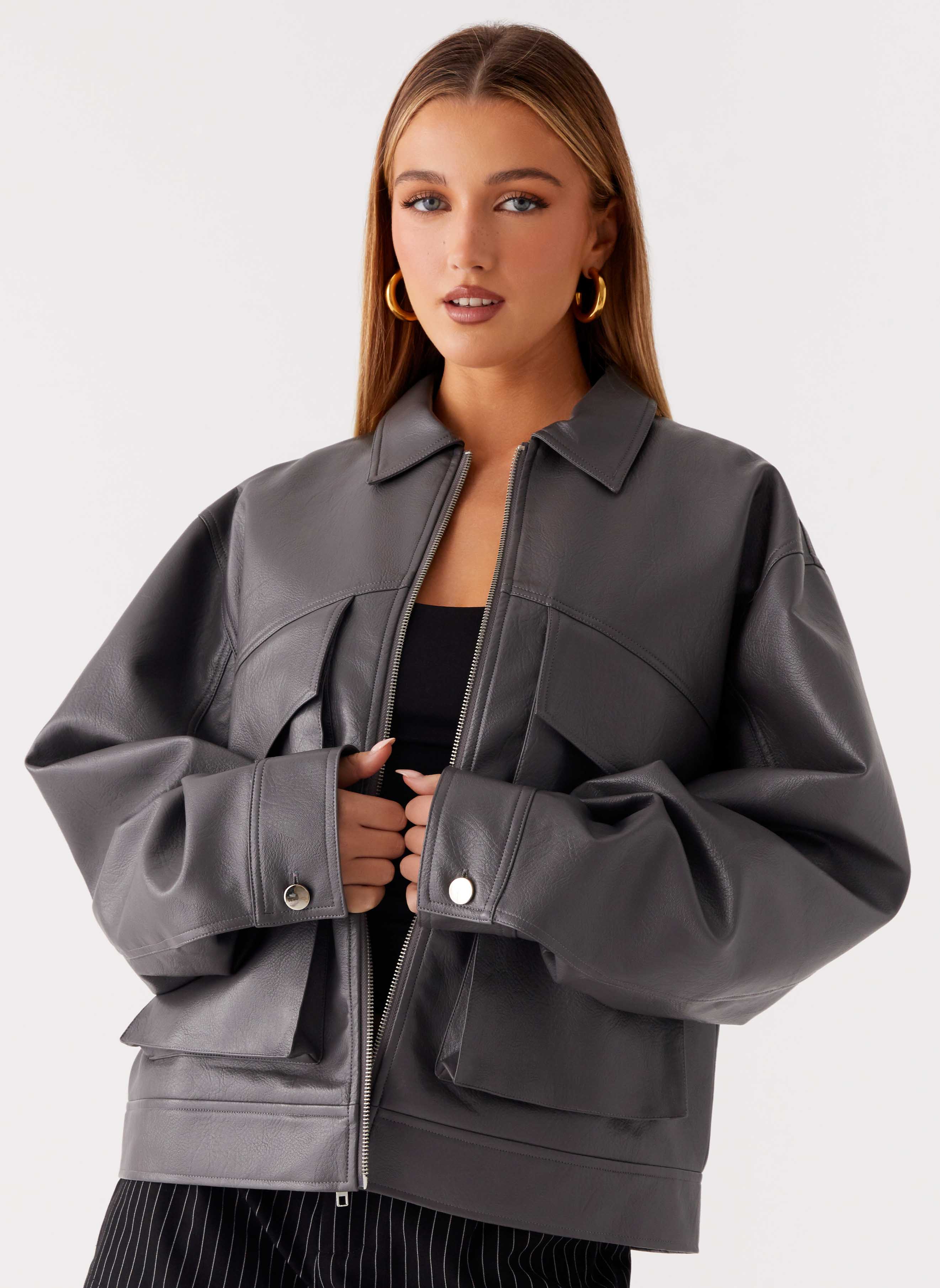 Faux Leather Bomber Jacket - Charcoal