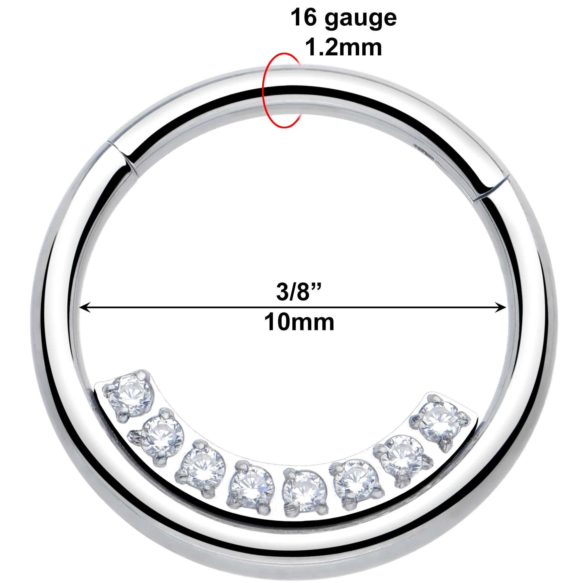 16G 3/8 Clear CZ Gem Forward Facing Inner Curve Hinged Segment Ring