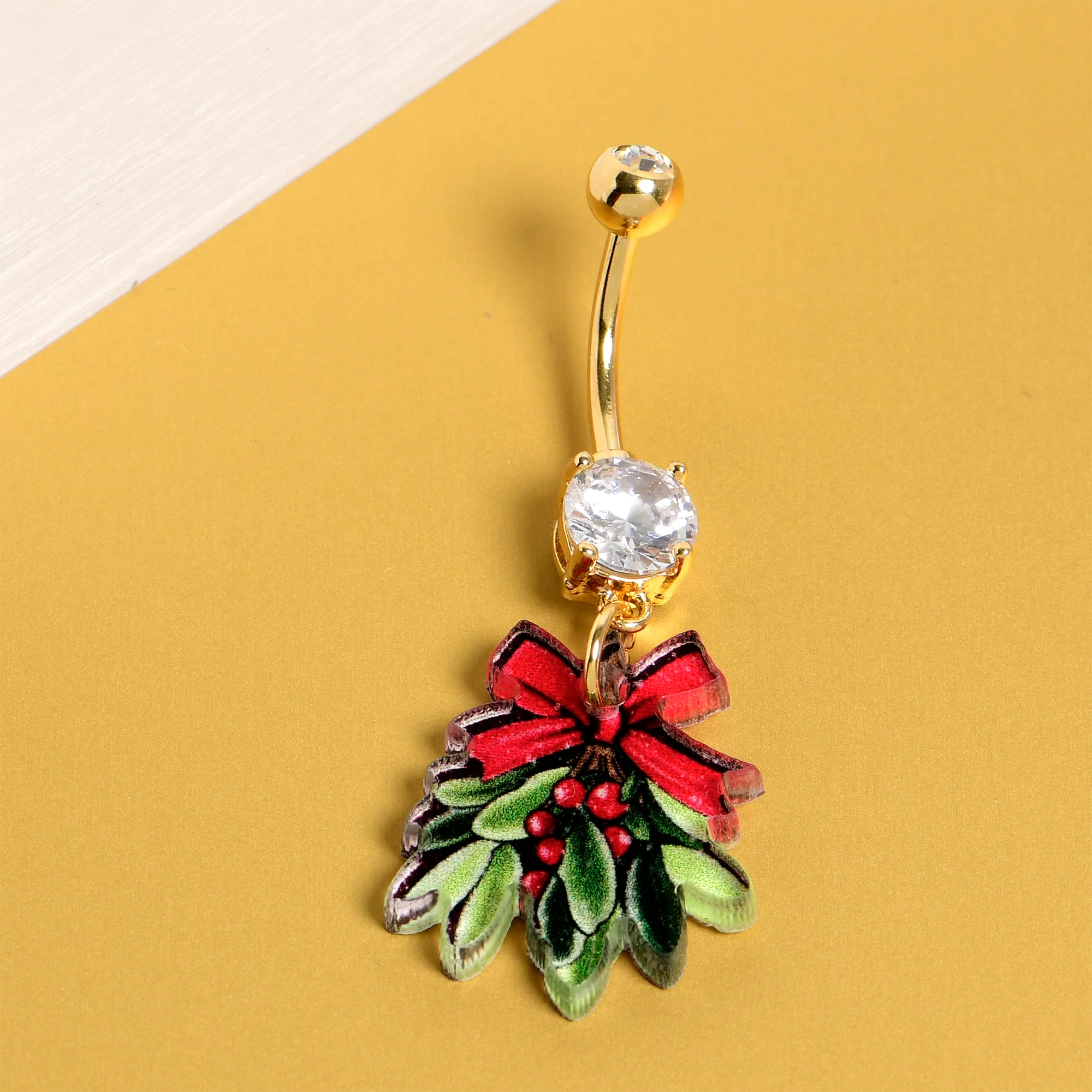 Gold Double Gem Mistletoe Dangle Christmas Belly Ring