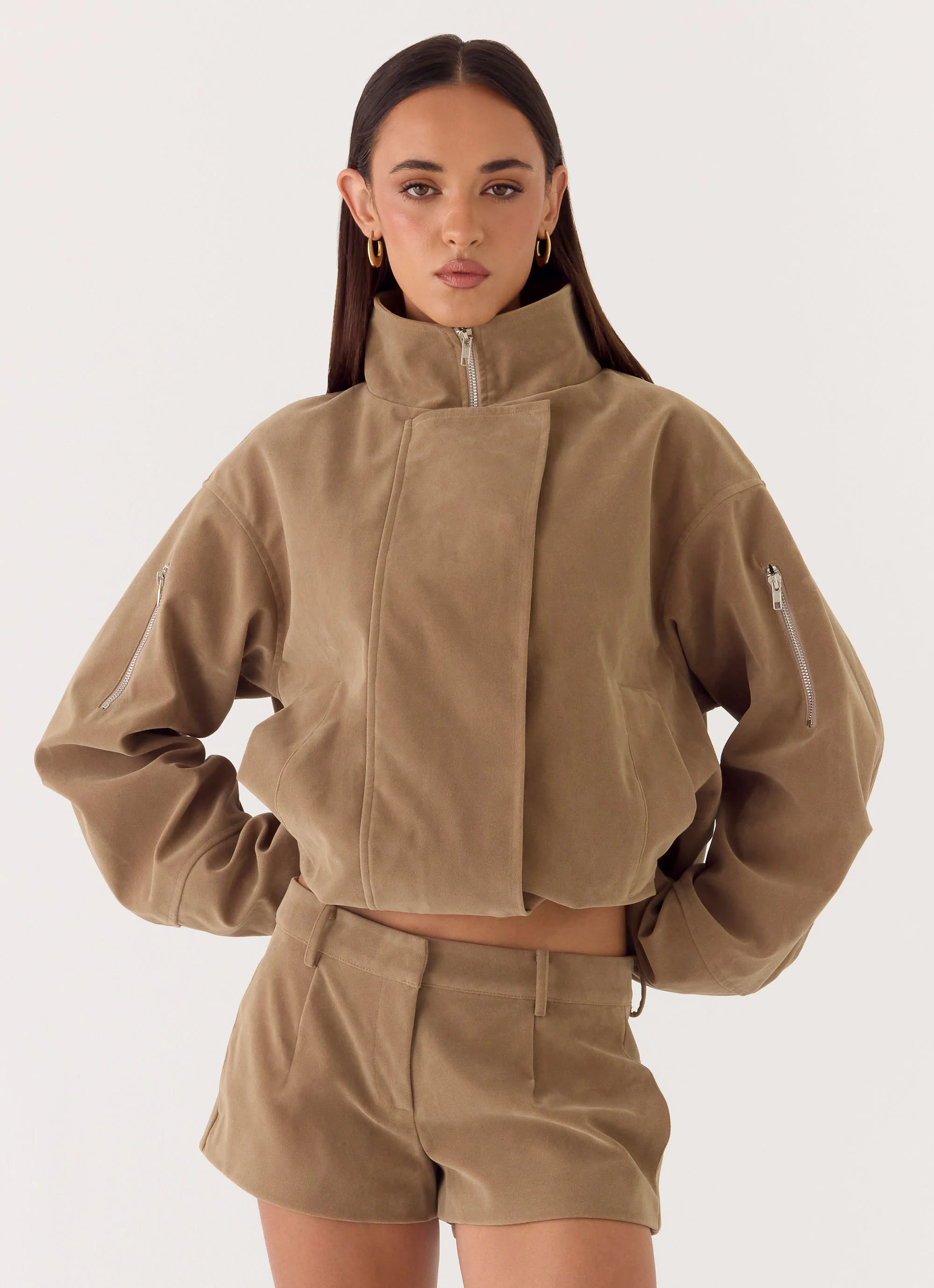 Faux Suede Jacket - Taupe