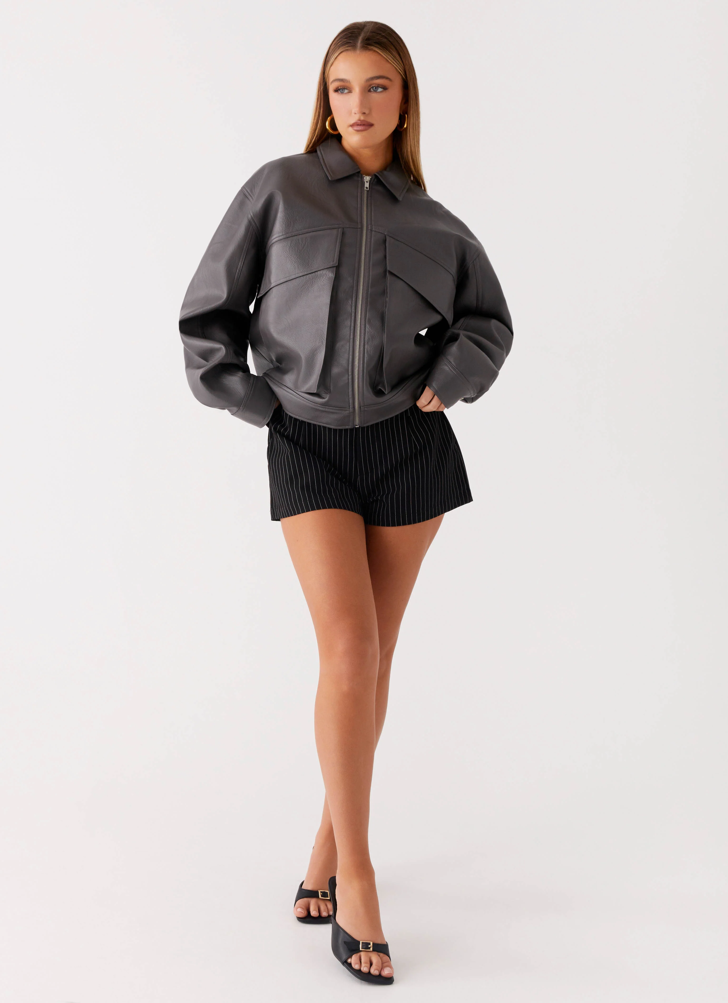 Faux Leather Bomber Jacket - Charcoal
