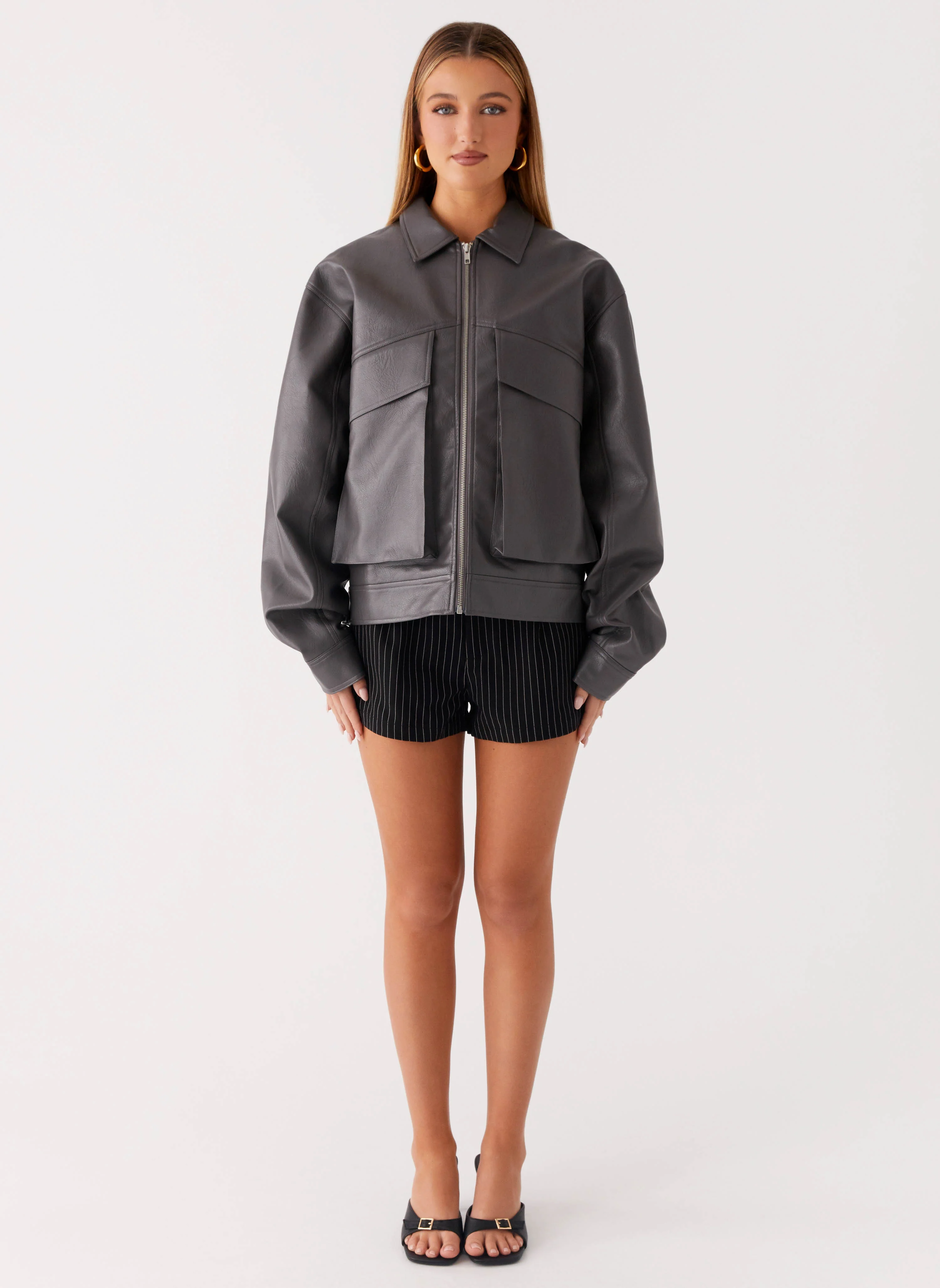Faux Leather Bomber Jacket - Charcoal