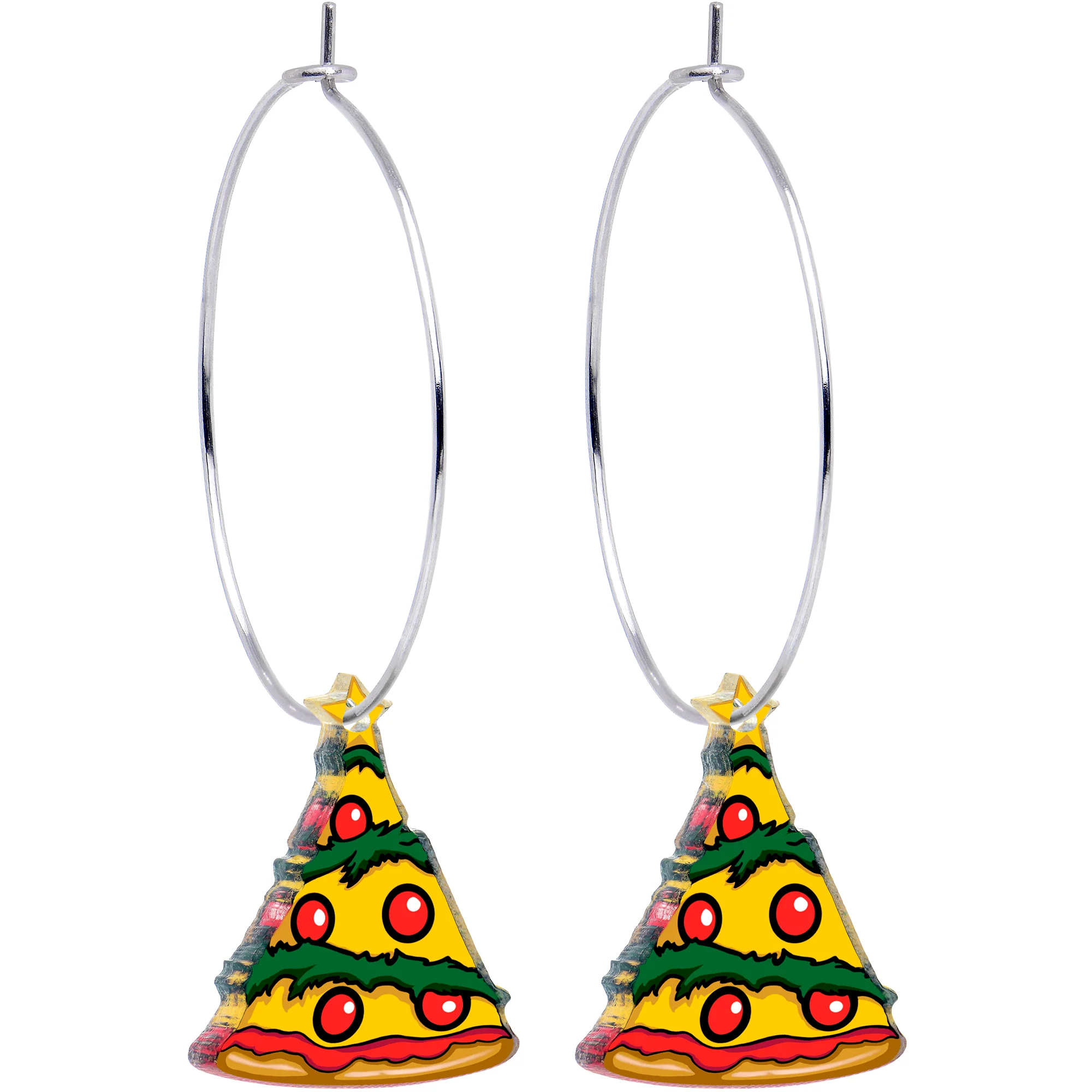 Pizza Christmas Tree Dangle Holiday Hoop Earrings