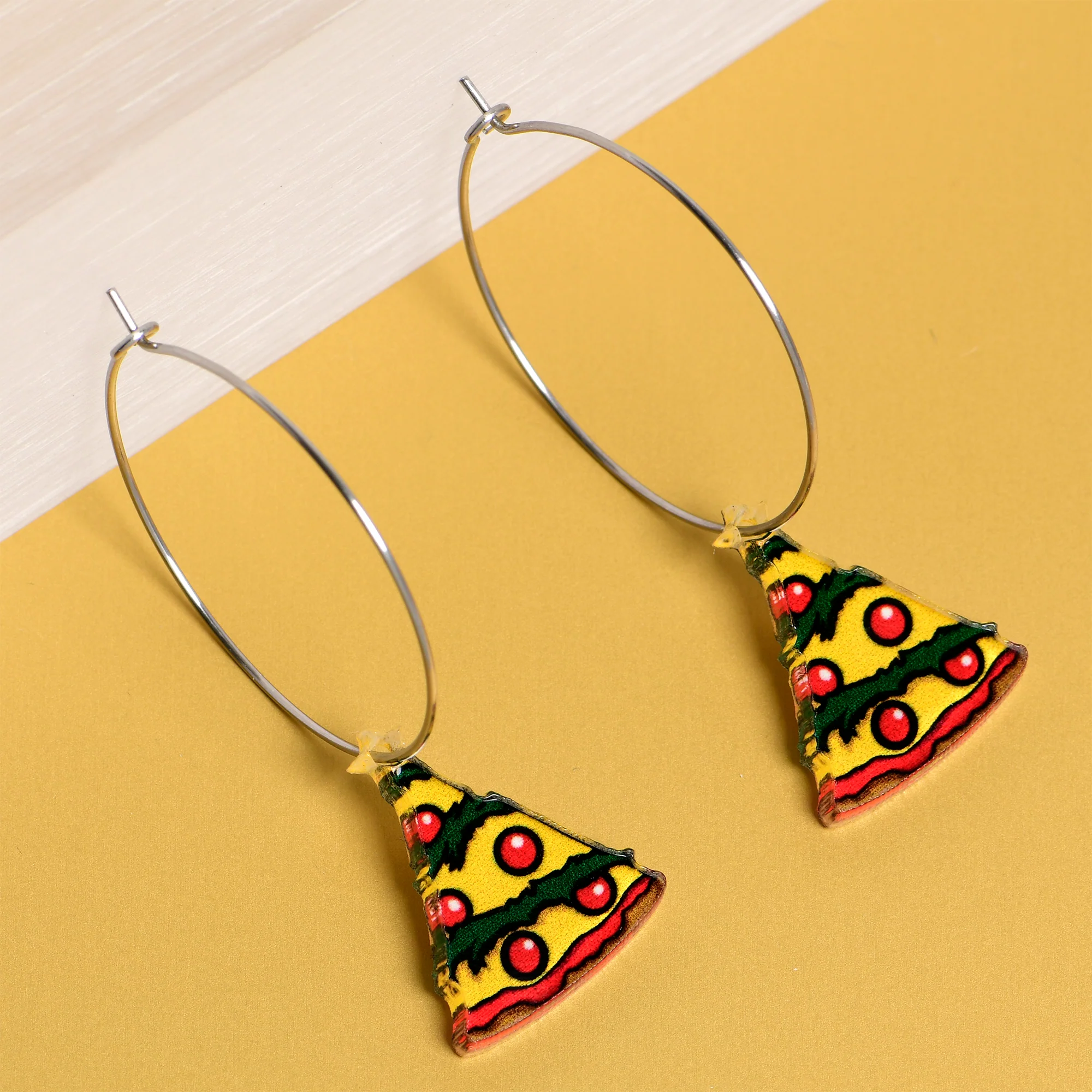 Pizza Christmas Tree Dangle Holiday Hoop Earrings